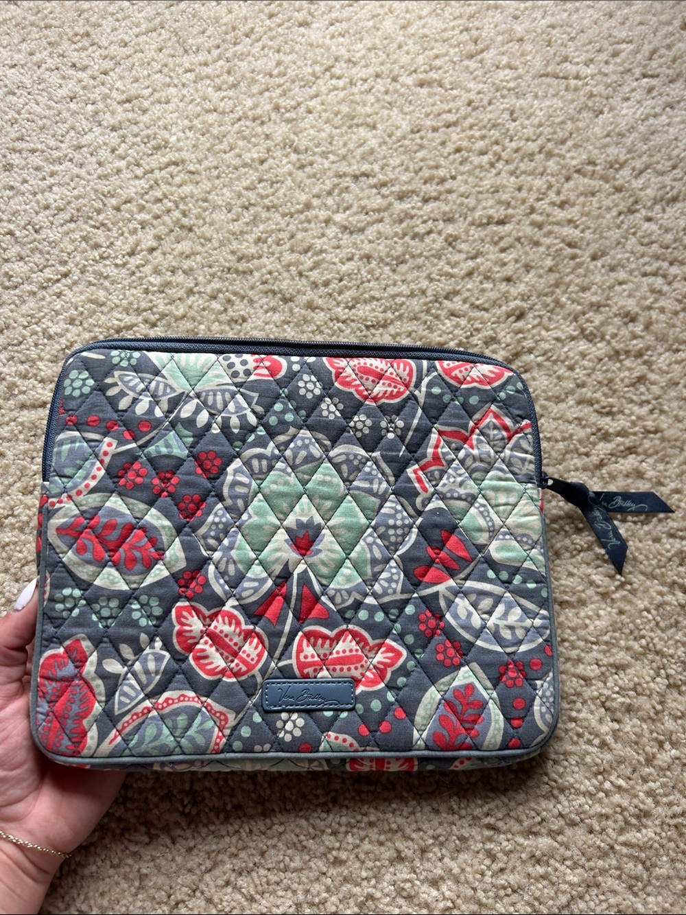 Vera Bradley Gray Quilted Floral Tech Sleeve with Red & Mint Accents